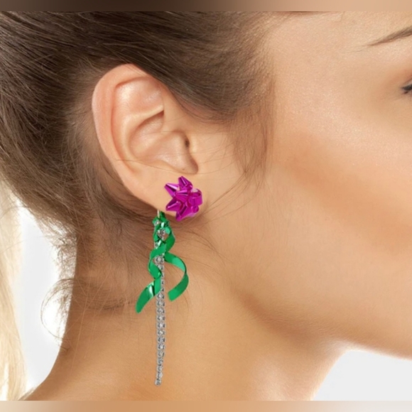 Betsey Johnson Christmas Bow Crystal Ribbon Holiday Front Back Drop Earrings NIB - Picture 5 of 16